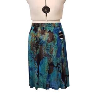 Kasper Skirt Woman Plus Size Teal Gold Metalic  Elastic Waist A-Line Stretch